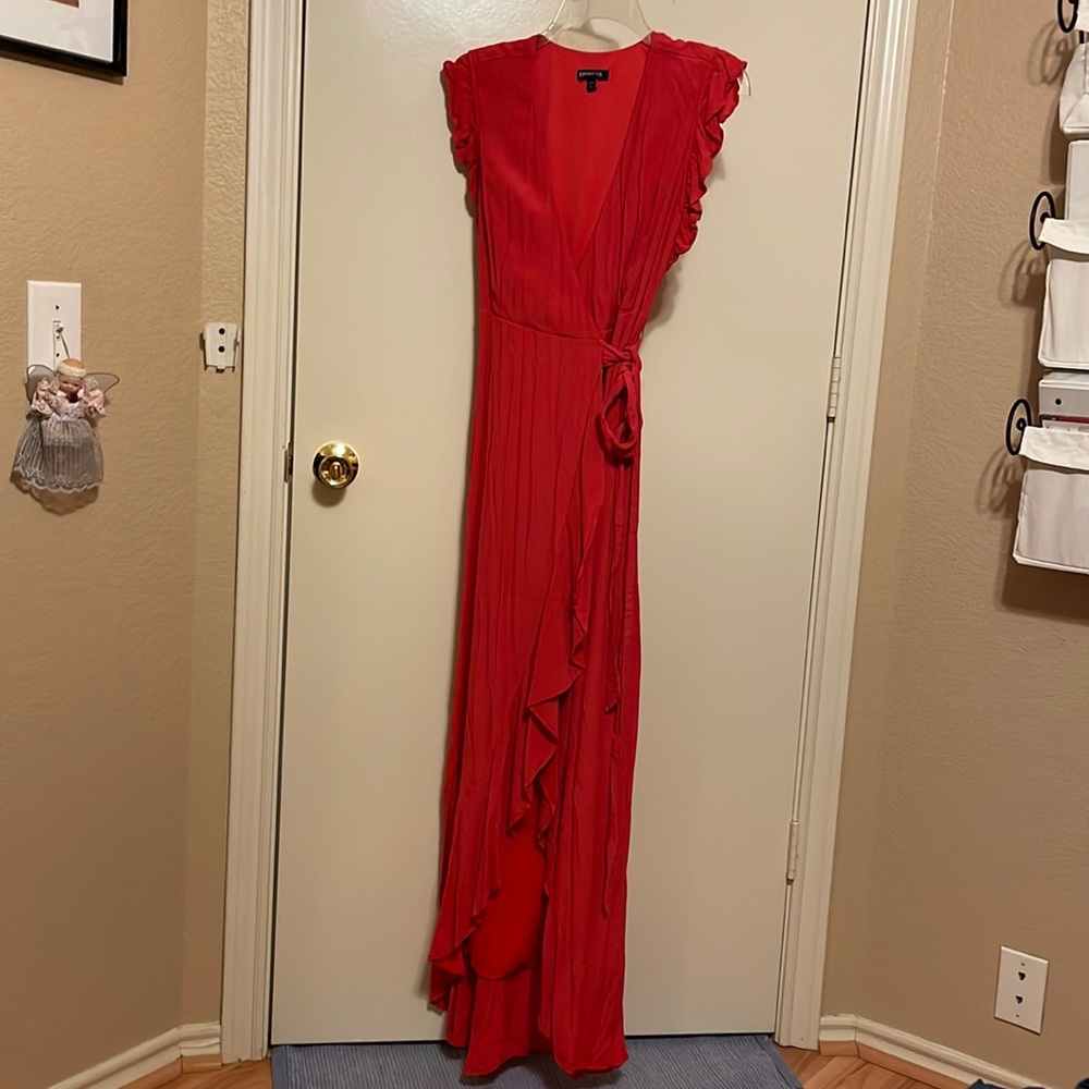 Coral long, wrap dress
